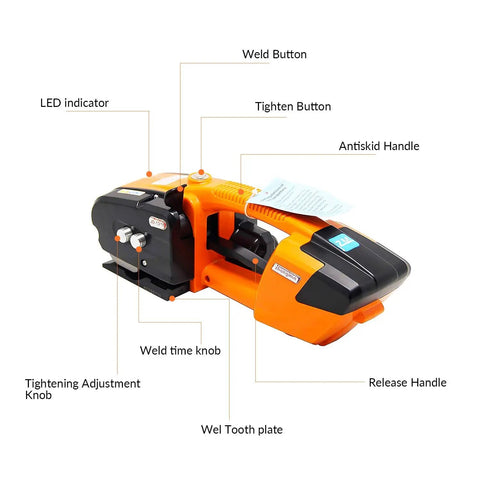 Heavy Duty Rechargeable Electric Strapping Machine Featuring Automatic Tensioner And Fast Hot Melt Sealing with buttons and knobs.