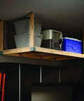 Heavyweight 2 By 4 48 Inch Wide By 96 Inch Deep Do It Yourself Plastic Ceiling Storage Kit with hardware, installed in garage.