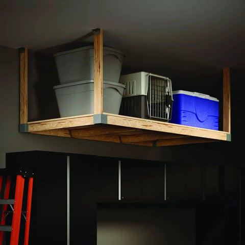 Heavyweight 2 By 4 48 Inch Wide By 96 Inch Deep Do It Yourself Plastic Ceiling Storage Kit with hardware, installed in garage.