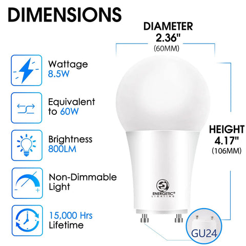 Budget Friendly A19 LED Bulb With GU24 Twist Base, 60 Watt Equivalent, Just 8.5W, Daylight 5000K, 800 Lumens, Non Dimmable