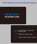 Five Pack RFID Blocker Cards For Wallets Protect All Contactless Cards From Scanning NFC Debit Credit Passport Protection Slim Wallet Friendly Black Fits In Any Pocket showing front and back design.