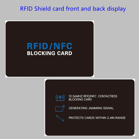 Five Pack RFID Blocker Cards For Wallets Protect All Contactless Cards From Scanning NFC Debit Credit Passport Protection Slim Wallet Friendly Black Fits In Any Pocket showing front and back design.