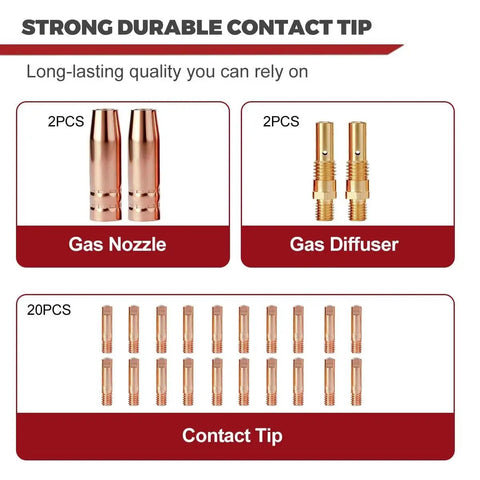 24 Pack Mig Welding Gun Replacement Kit With Nozzles Diffusers And 0.035 Inch Tips For Mig Guns Like MigMax 140 MigMax 215 And OmniPRO 220 Includes Two Nozzles Two Diffusers And Twenty Tips Ready To Roll showing components