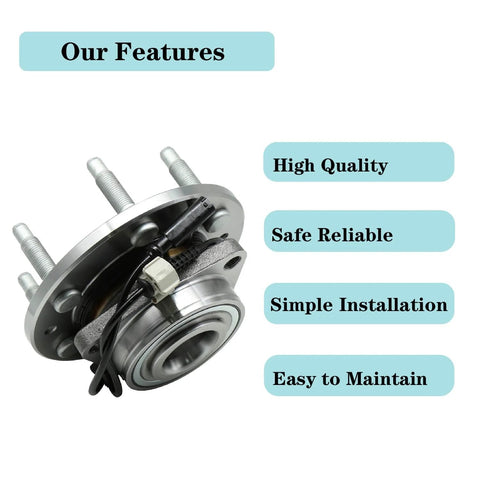 Front Wheel Hub And Bearing Assembly For Chevy Tahoe Silverado 1500 Suburban Avalanche Escalade Yukon Sierra 4WD 2007 2014 Replacement Premium OEM Grade With Durable Bearings And Easy Install shown with features of high quality, safe reliable, simple installation, easy to maintain.