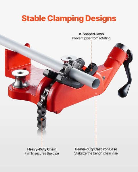 Heavy-Duty Pipe Chain Vise Workhorse With Two Bending Dies, 34.6 Inch Chain, cast iron base, clamping pipe on bench