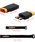 XT60 To TRX RC Battery Charger Adapter Connectors For Traxxas Slash Rustler Stampede Bandit E Revo Cars 3 Pack With Battery Straps Simple Plug In And No Soldering Required shown with dimensions and straps