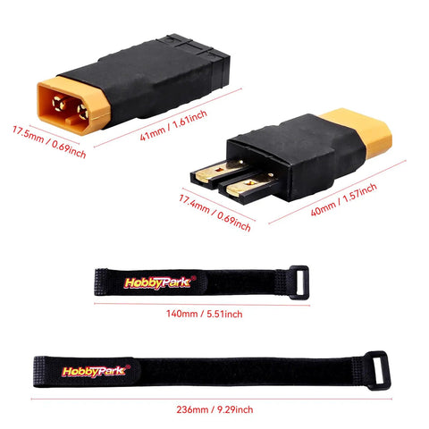 XT60 To TRX RC Battery Charger Adapter Connectors For Traxxas Slash Rustler Stampede Bandit E Revo Cars 3 Pack With Battery Straps Simple Plug In And No Soldering Required shown with dimensions and straps