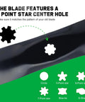 Close-up of a black John Deere 42 Inch Mulching Blade featuring a 7-point star center hole for riding mower 42 inch deck replacement.