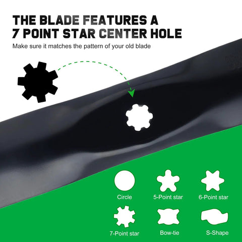 Close-up of a black John Deere 42 Inch Mulching Blade featuring a 7-point star center hole for riding mower 42 inch deck replacement.