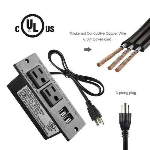 Image of Conference Recessed Power Strip With USB Ports Table Mount, showing 6.5-foot cord, two outlets, and USB ports.