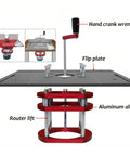 Rock Solid Manual Lifting Router System Kit Featuring A Heavy Duty Aluminum Table Insert Plate for woodworking with hand crank and flip plate.