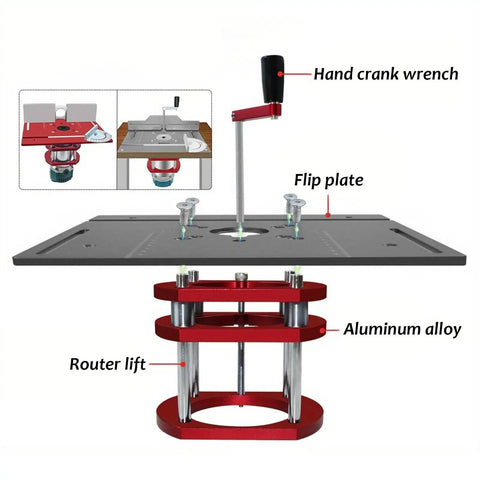 Rock Solid Manual Lifting Router System Kit Featuring A Heavy Duty Aluminum Table Insert Plate for woodworking with hand crank and flip plate.
