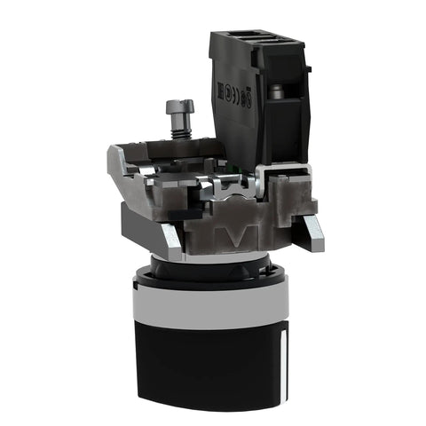 Front view of XB4BD21 2 Position Selector Switch with metal bezel for industrial machinery, 22mm panel mount, rugged black modular switch.