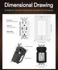 Dimensional drawing of Smart In Wall USB Outlet With Voice Control For Alexa And Google Home, showing measurements and features.
