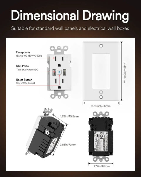 Dimensional drawing of Smart In Wall USB Outlet With Voice Control For Alexa And Google Home, showing measurements and features.