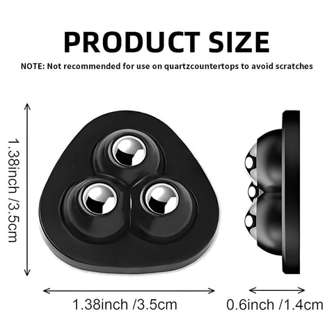 Product size diagram showing 8 Pack Self Adhesive Appliance Sliders With 360 Degree Swivel Mini Caster Wheels, black, 1.38 inches wide.