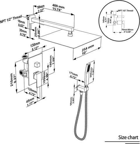 Technical diagram of Wall Mounted 10 Inch Rain Shower System With Overhead Showerhead, Luxury Rainfall Shower Combo, Brushed Nickel Finish