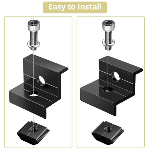 Ten Piece Solar Panel End Clamp Kit Fits 30Mm And 35Mm Rails Aluminum Z Brackets For Solar Panels Mounting Brackets Kit With Nuts Bolts For PV Mounting System Install Accessories Black, showing L-shaped brackets with screws and nuts for mounting.
