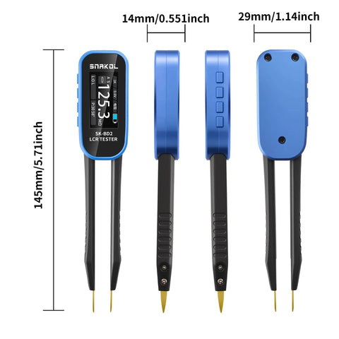 LCR Meter With Digital Multimeter Tweezers And Signal Generator, 100kHz SMD ESR Capacitor Tester, front and side view dimensions