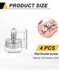 Four M4x6mm Flat Head Knurled Thumb Screws Built With Tough 304 Stainless Steel For Badger Tight Grip And Knockout Durability Ideal For Pc Tower Mods Graphics Card Mounting And Ssd Swaps In Sleek Silver Shine, showing size and design details.