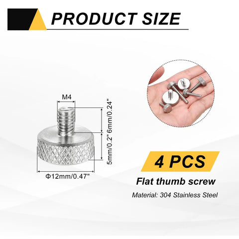 Four M4x6mm Flat Head Knurled Thumb Screws Built With Tough 304 Stainless Steel For Badger Tight Grip And Knockout Durability Ideal For Pc Tower Mods Graphics Card Mounting And Ssd Swaps In Sleek Silver Shine, showing size and design details.