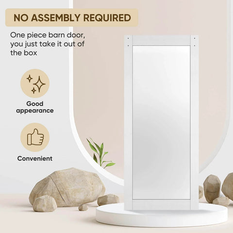 Mirror Barn Door 34x84 Inches With 6 Foot Sliding Door Hardware Kit Included, Full Length One Lite Mirror, Solid Wood Core With Waterproof PVC Surface, Scratch Resistant Finish, No Assembly Required, White displayed on a podium.