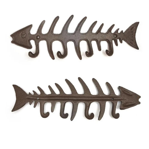 Handcrafted Cast Iron Fish Bone Wall Hooks Vintage Coastal Coat Rack And Entryway Key Holder With Mounting Screws Solid As A Rock Beach House Essentials, black metal, 13x4 inches