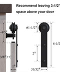 Super Mini Barn Door Hardware Kit For Sliding Double Doors No Fuss Install For TV Stands Wardrobes And Cabinets I Shape Hanger 100 Lb Capacity Fits Twenty Four Inch Wide Panels And Four Fifths Inch To One And One Eighth Inch Door Thickness, side view with dimensions.
