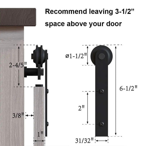 Super Mini Barn Door Hardware Kit For Sliding Double Doors No Fuss Install For TV Stands Wardrobes And Cabinets I Shape Hanger 100 Lb Capacity Fits Twenty Four Inch Wide Panels And Four Fifths Inch To One And One Eighth Inch Door Thickness, side view with dimensions.