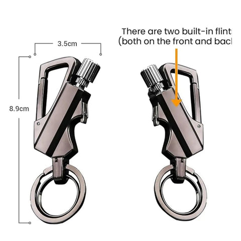 Infinity Lighter Multitool Keychain with Bottle Opener and Waterproof Windproof Permanent Match, dimensions shown.