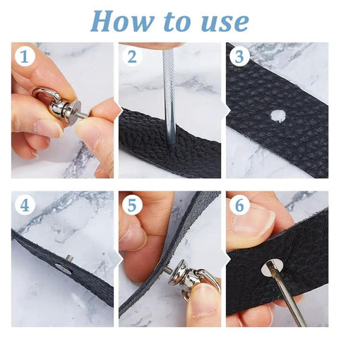 How to use Five Piece D Ring Stud Screw Ball Head Button Rivets Set With Steel Punch Tool And Screwdriver For DIY Leather Craft Purse Hardware Handbag Belt Dog Collar Gold Finish on black leather strap