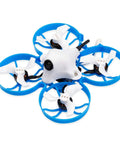 Top view of a blue and white micro whoop drone equipped with 1102 18000KV brushless motors designed for FPV racing like Meteor75.