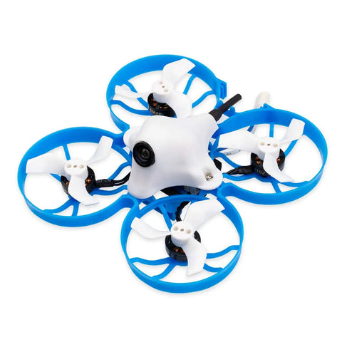 Top view of a blue and white micro whoop drone equipped with 1102 18000KV brushless motors designed for FPV racing like Meteor75.