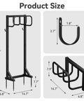 Freestanding Heavy Duty Garden Hose Holder Stand with rustproof steel build, stable base, tool hooks, product dimensions shown.