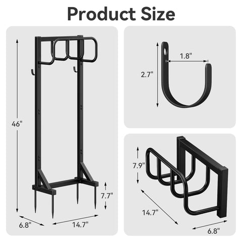 Freestanding Heavy Duty Garden Hose Holder Stand with rustproof steel build, stable base, tool hooks, product dimensions shown.