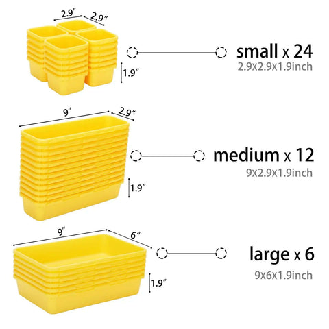 42 Pack Tool Box Organizer Tray Dividers Fit Rolling Tool Cart And Workbench Drawers Store Hardware Screws Nuts Bolts Securely In A Hella Neat Yellow Layout That Kicks Workspace Chaos To The Curb with sizes small, medium, and large shown.