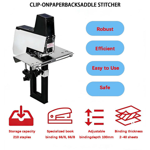 Electric Saddle Stitcher With Foot Pedal For Office And Print Shop Heavy Duty Binder Stapler with 210 nail capacity, features displayed