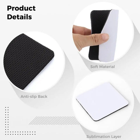 Image showing details of 100 Pack Sublimation Coasters, 4x4 Inch Blank Square Coasters with anti-slip back and soft sublimation layer.