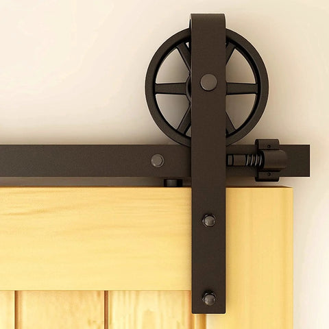 Close-up of heavy duty steel roller on 20Ft Heavy Duty Sliding Barn Door Hardware Kit For Smooth Quiet Operation With Big Spoke Wheel Hanger J Style Fits 120 Inch Door Panel Solid Steel Roller And High Strength Flat Tracks Supports Up To 150Kg Durable Anti Corrosion Construction.
