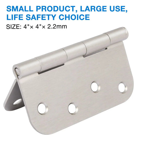 Three Pack Four Inch Brushed Nickel Door Hinges For Interior Cabinets Drawers And Furniture Featuring Smooth Roll Action Rounded Edge Build Heavy Duty Plain Bearing Hardware With Zero Hassle Setup, showing a close-up view of a brushed nickel hinge.