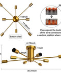 Sputnik Eight Light Gold Finish Semi Flush Mount Ceiling Light Fixture Brushed Metal Modern Chandelier diagram and dimensions