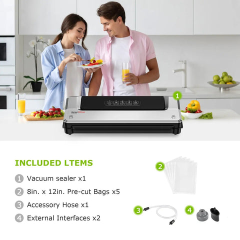 Compact Vacuum Sealer for Kitchen Storage and Meal Prep with Vac and Seal, Pulse Vac, and Seal Modes, shown with accessories