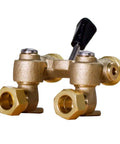 2T-M2 1/2 Inch Brass Tubular Washing Machine Hot Water Shut Off Valve angle view, brass material, dual hose connectors visible
