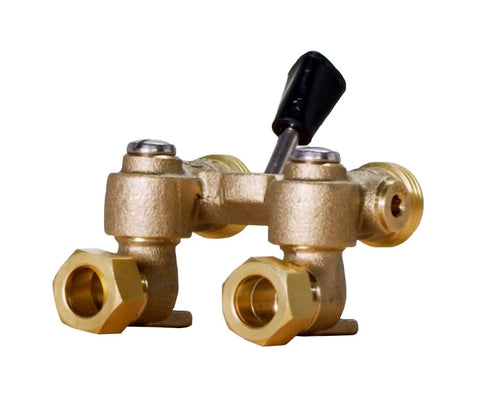 2T-M2 1/2 Inch Brass Tubular Washing Machine Hot Water Shut Off Valve angle view, brass material, dual hose connectors visible