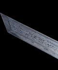 Close-up of a Damascus blade tip from Beefy Damascus Tang Dao Sword With Black Gold Finish Hand Forged In China