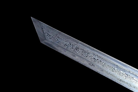 Close-up of a Damascus blade tip from Beefy Damascus Tang Dao Sword With Black Gold Finish Hand Forged In China