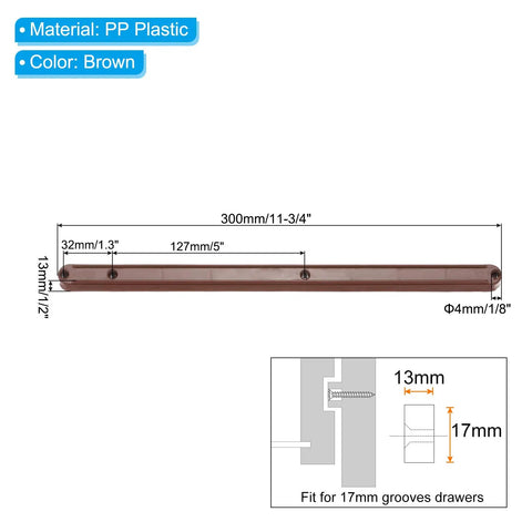 Hella Smooth 12 Inch Drawer Slides 8 Pack Plastic Guide Rails Side Mounted For Cabinets Tables And Wardrobes Darn Easy Setup Heavy Duty Support Brown Finish, showing brown PP plastic slide with dimensions.