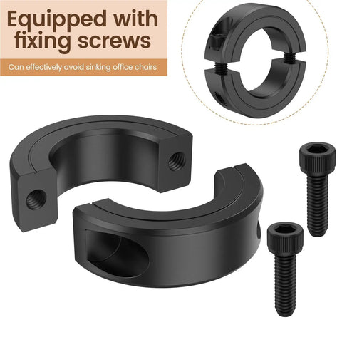 Strong Steel Shaft Collar Clamp Kit Fixes Wobbly Office Chair Sagging Issue Using Precision Hardware To Stop Cylinder Sinking Without Expensive Replacements For Home Or DIY Jobs Ensures High Durability And Function With Reliable Performance Call Now, black steel collar clamp with fixing screws