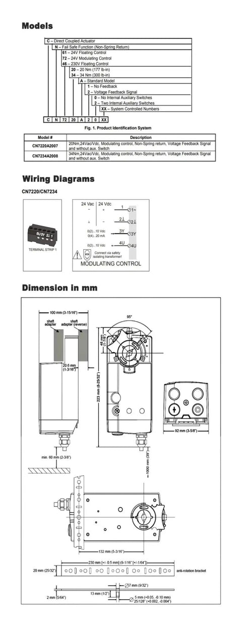 Heavy Duty 20Nm Damper Actuator For HVAC Ventilation 24V AC DC powered airflow controller motor with dimensions and wiring diagram.