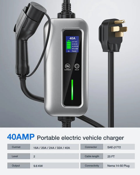 Level 2 EV Charger, 40 Amp, 240V Portable With 25ft Cable SAE J1772 Plug NEMA 14-50P Adjustable Current And Delay Timer